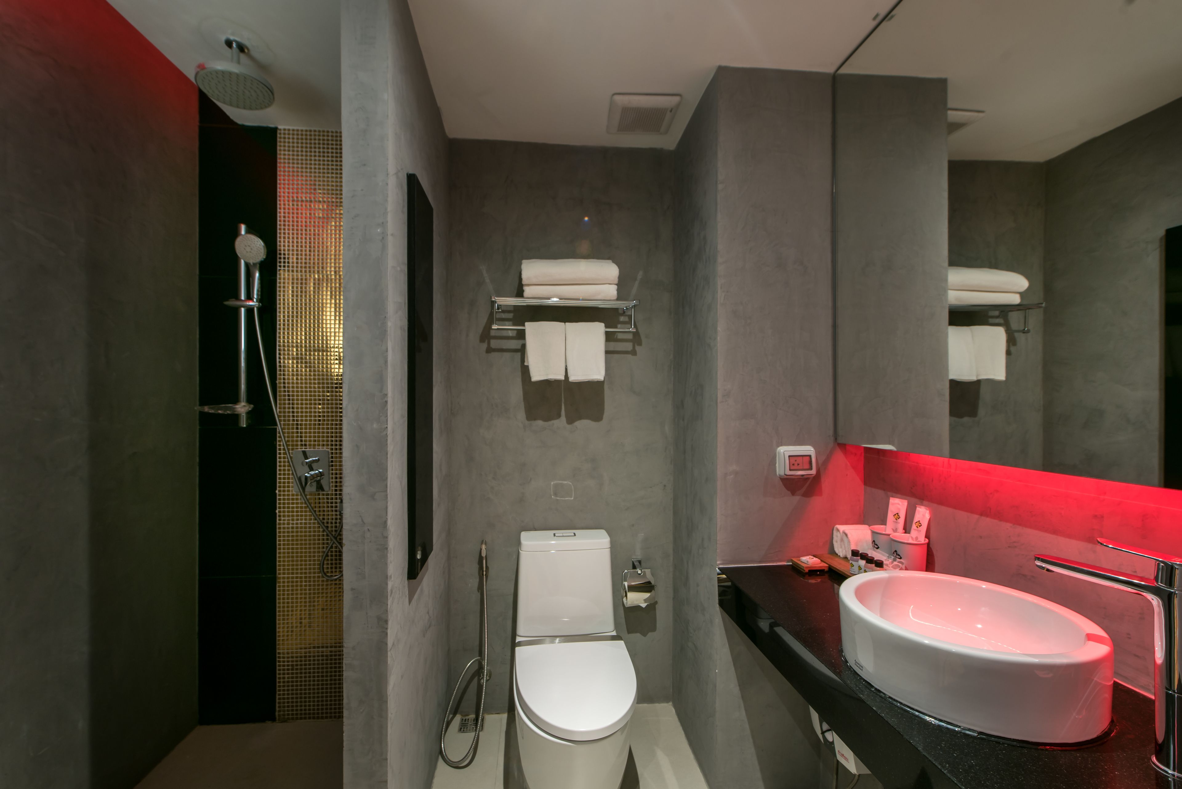 A modern bathroom with a shower, toilet, and sink.
