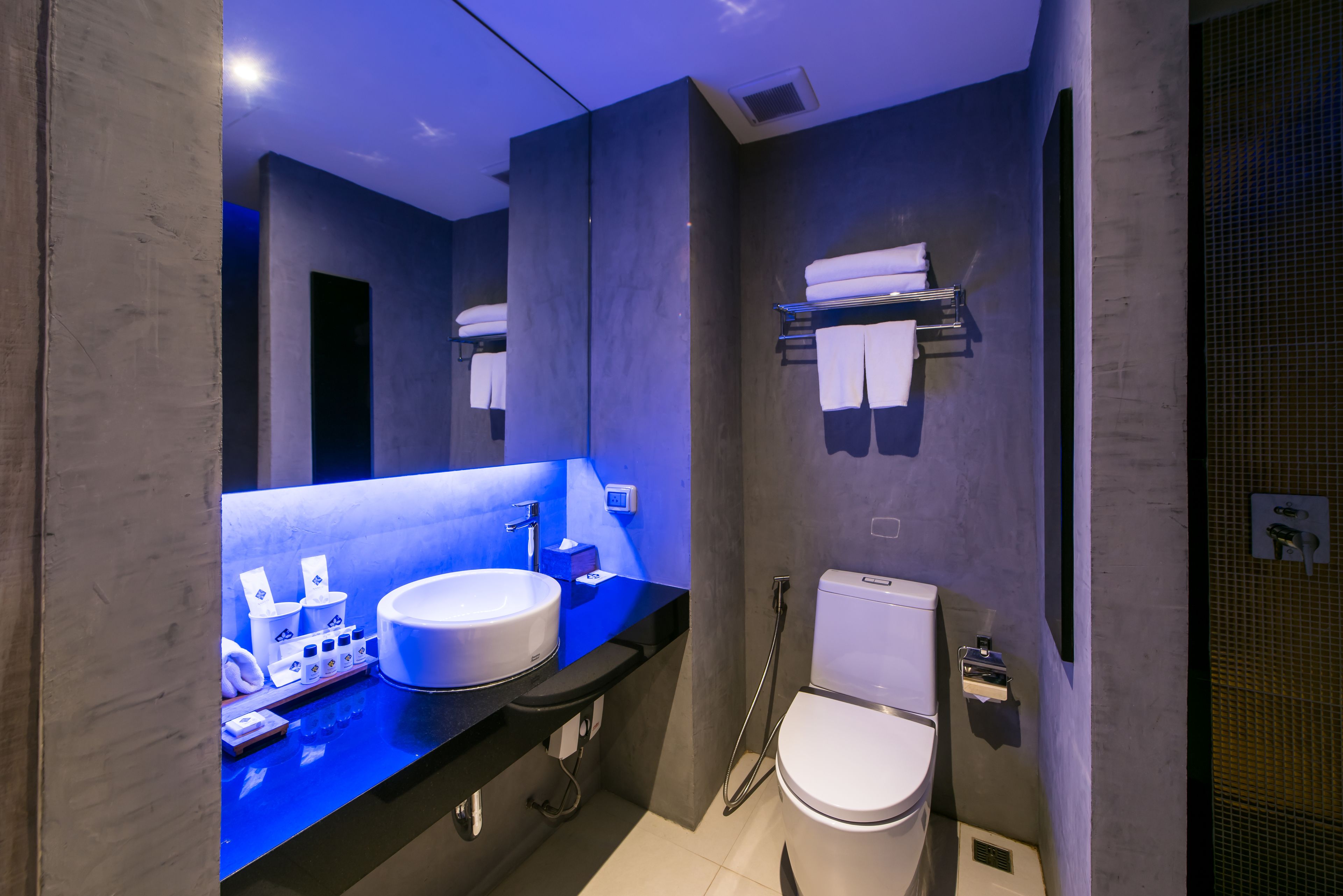 A modern bathroom with a large sink, toilet, and towel rack.