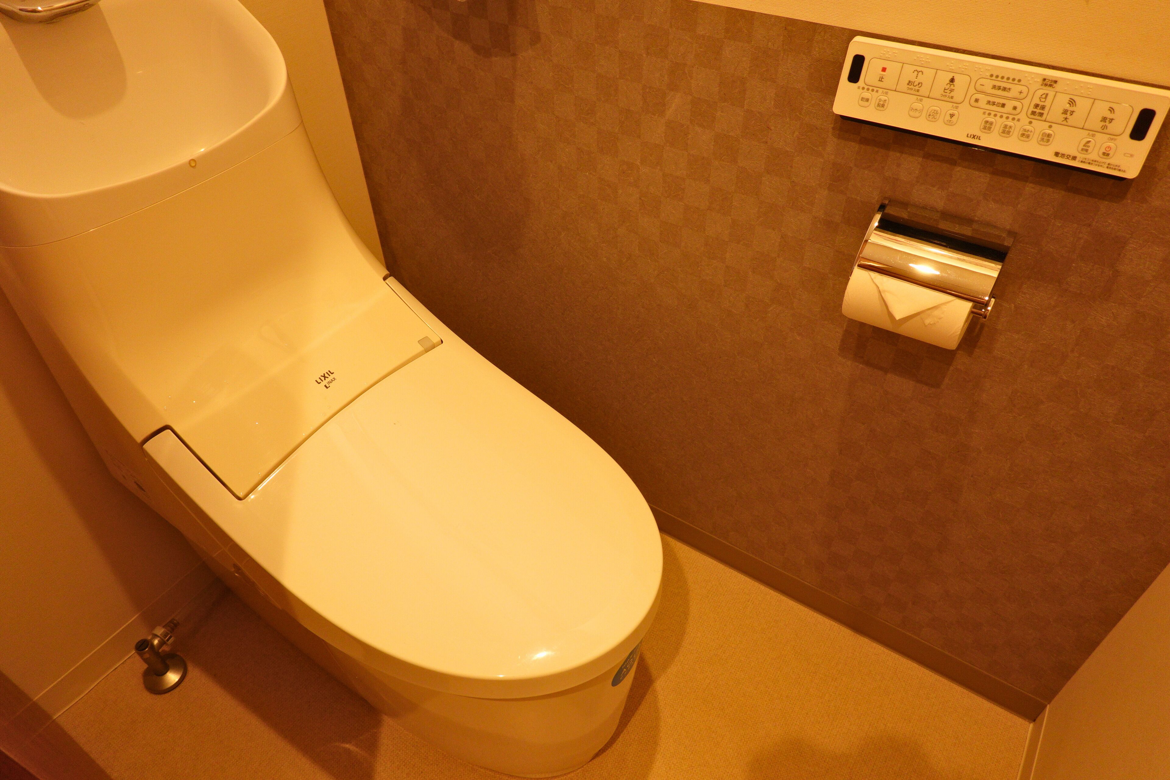 A toilet with a flush handle and a toilet paper holder on the wall.