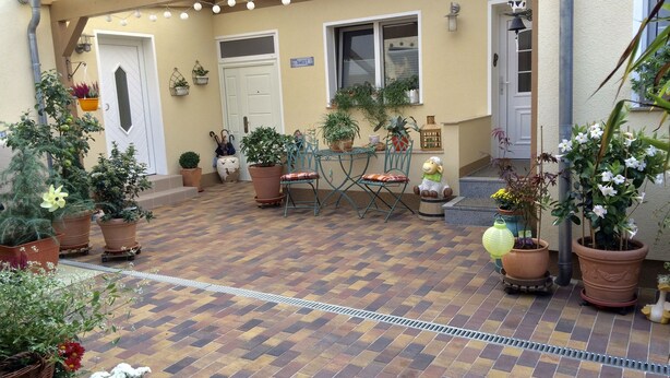 Un patio couvert agrémenté de plantes en pot, d’une table en métal et de chaises.