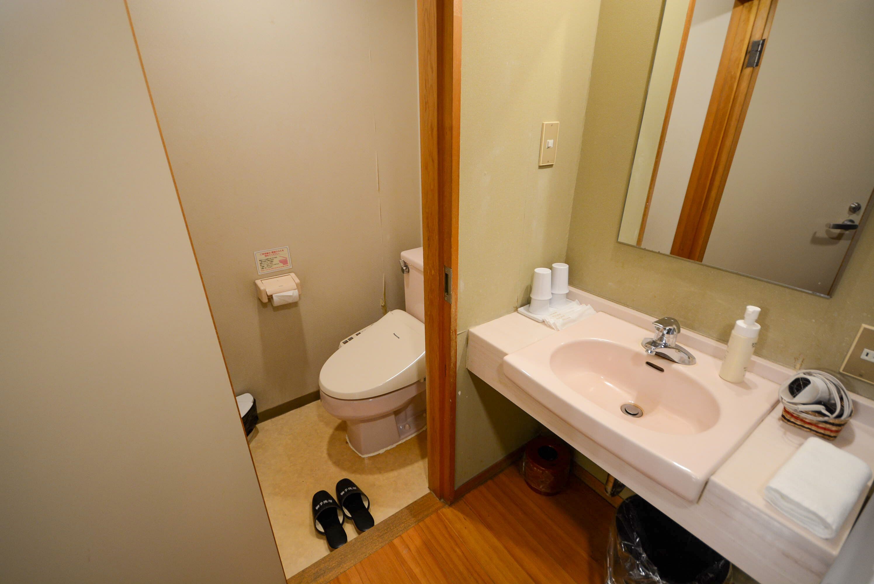 A bathroom with a toilet, sink, and mirror.