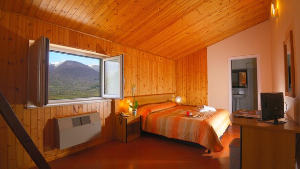 A wooden-paneled bedroom with a bed, bedside table, lamp, and a window offering a mountain view. - Hotel Holidays (Barrea)