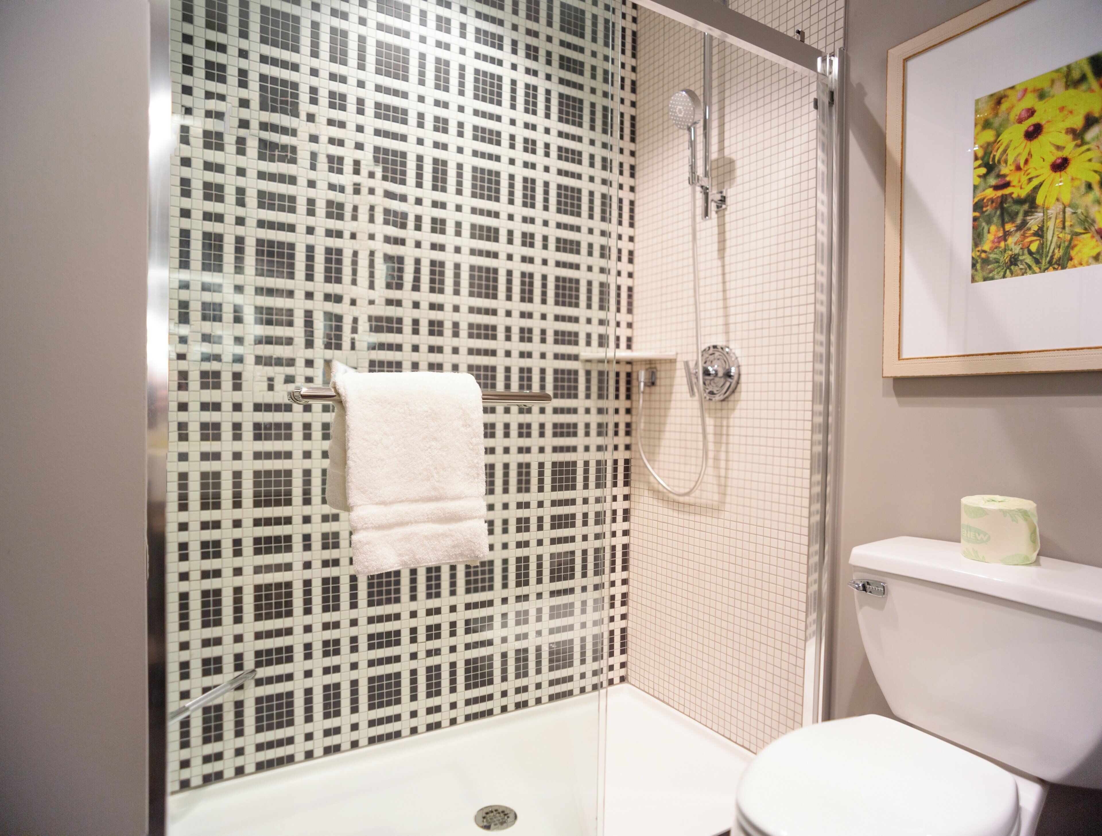A bathroom with a shower, toilet, and a framed picture on the wall.