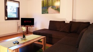 A living room with a brown sofa, a wooden coffee table, a TV displaying 'NETFLIX', a window with curtains, and a painting of a forest path. - Gräfrath Gästehaus Neunkirchen-Seelscheid (Neunkirchen-Seelscheid)
