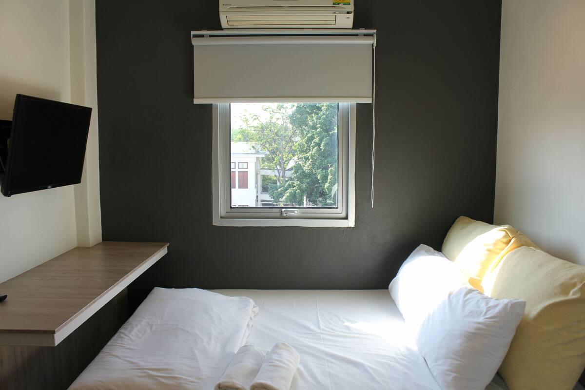 A hotel room with a bed, a TV on a stand, a window with a view of trees, and a ceiling fan.