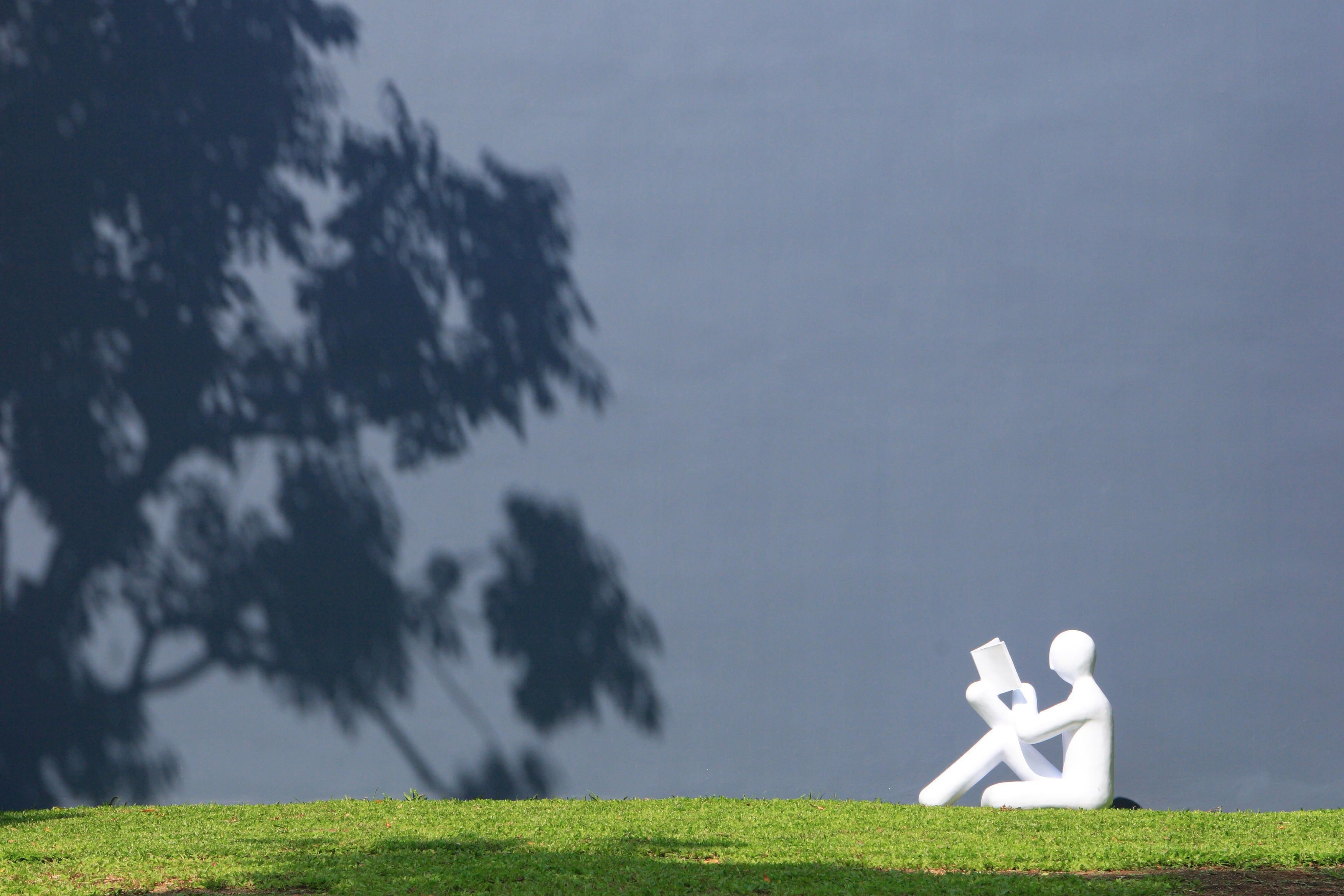 Una escultura blanca de una persona leyendo en un área cubierta de césped, con un árbol de fondo.