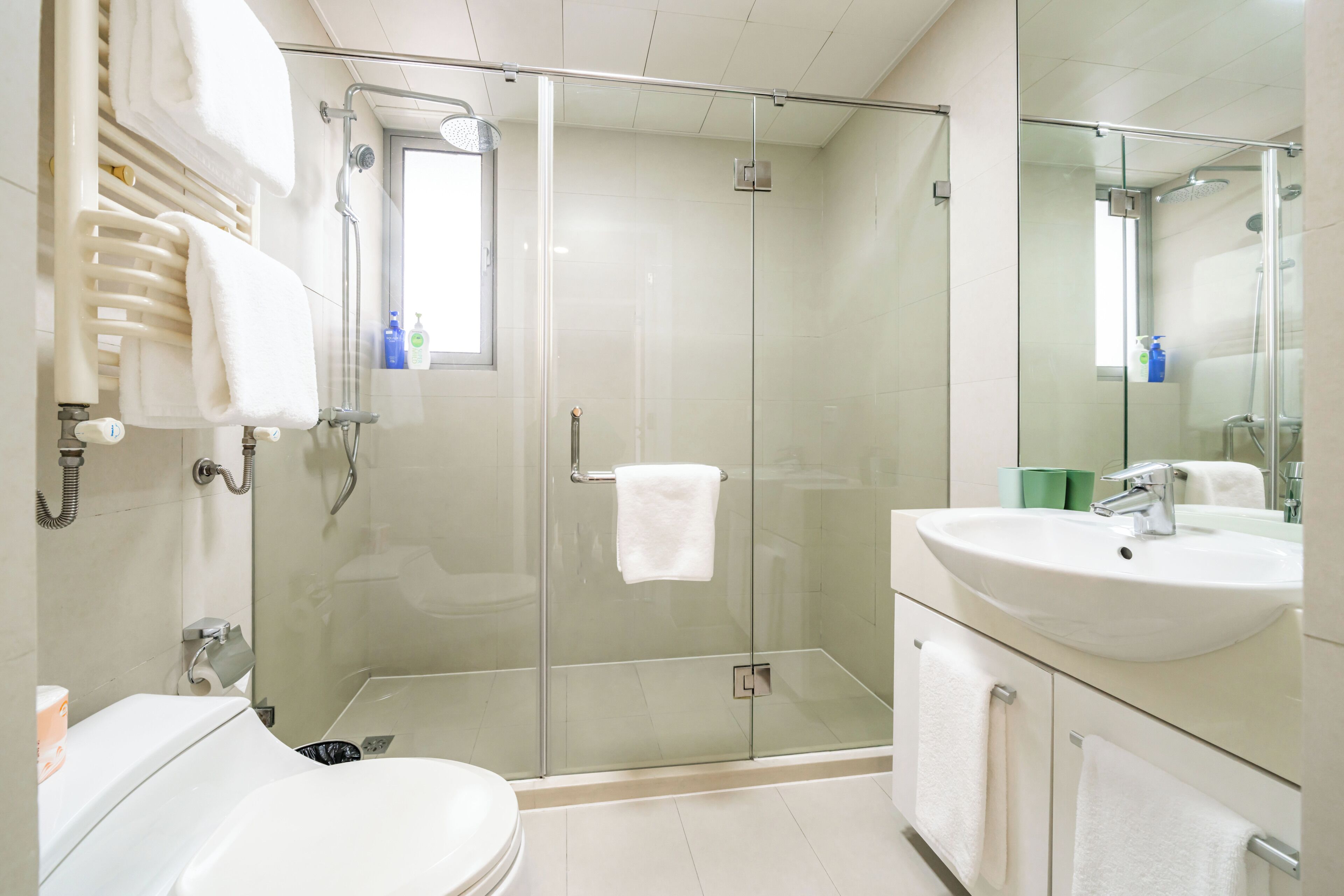 Une salle de bain moderne avec une douche à parois de verre, un lavabo blanc et des toilettes.