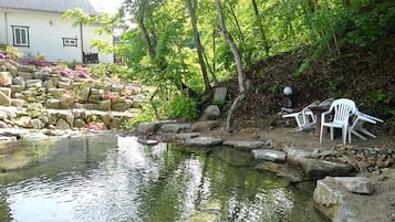 Piscina externa sazonal, piscina natural, guarda-sóis, espreguiçadeiras