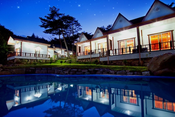 Seasonal outdoor pool, a natural pool, pool umbrellas, sun loungers
