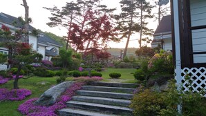 Un jardín residencial con una escalera de piedra que lleva a una casa.