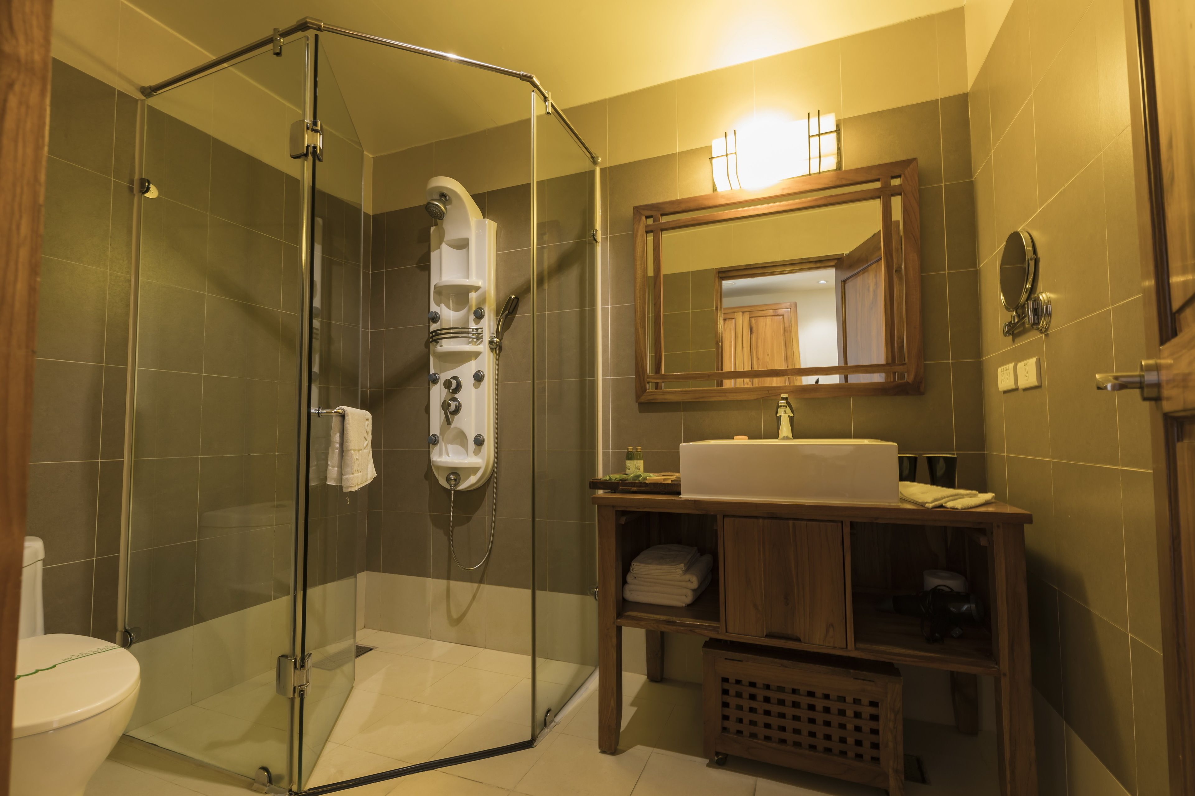 shower, hydromassage showerhead, free toiletries, hair dryer