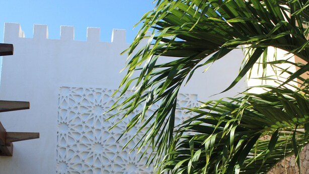 An arched entrance with a decorative wall and a palm tree. - Galu Tulivu (Diani Beach)