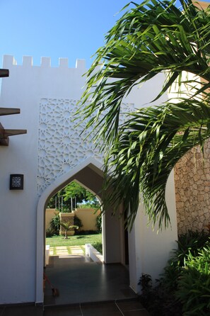 An arched entrance with a decorative wall and a palm tree.