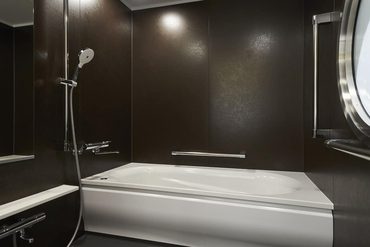 combined shower/bathtub, free toiletries, hair dryer, slippers