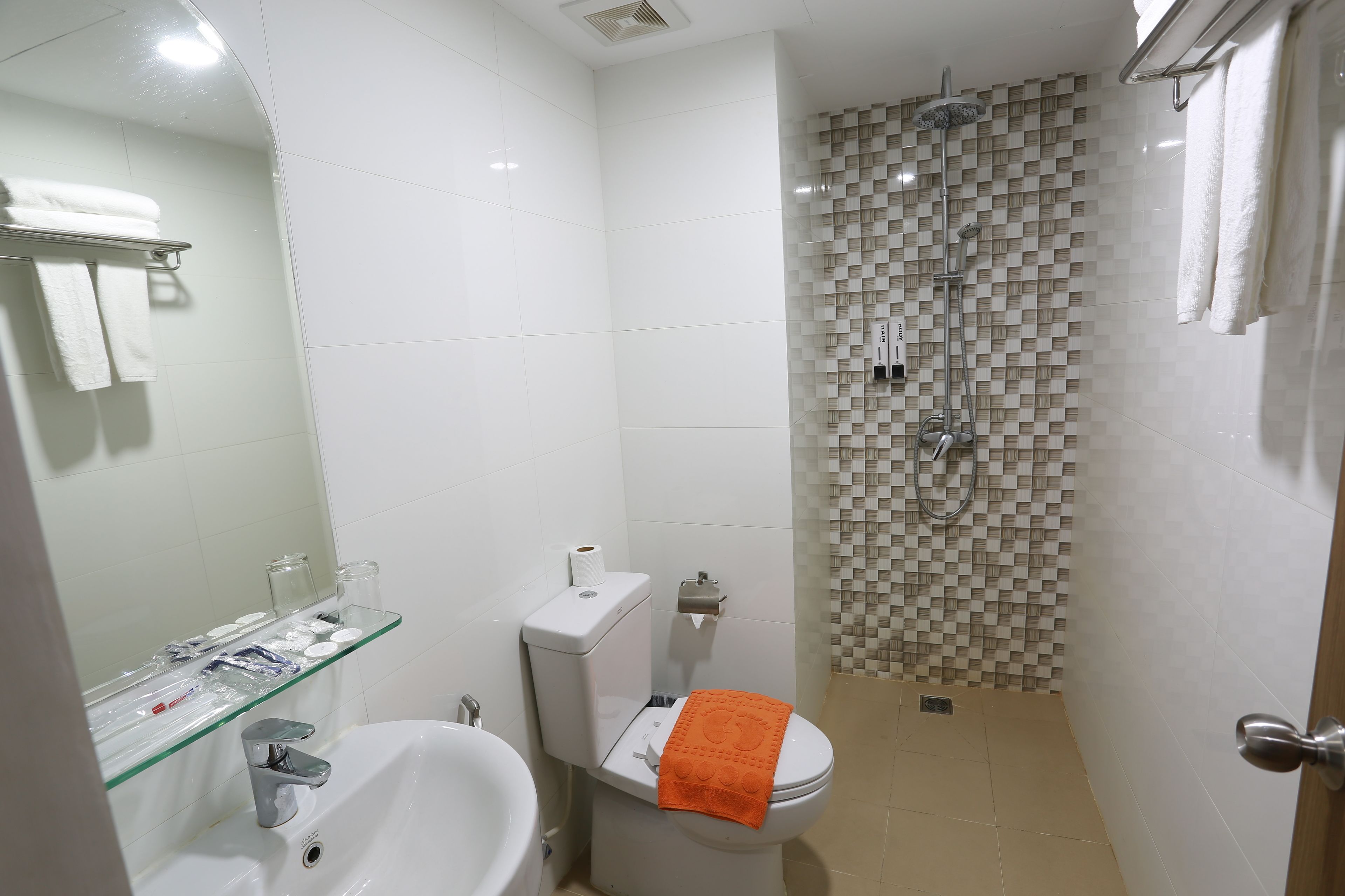 Une salle de bain avec une baignoire, des toilettes et une douche.