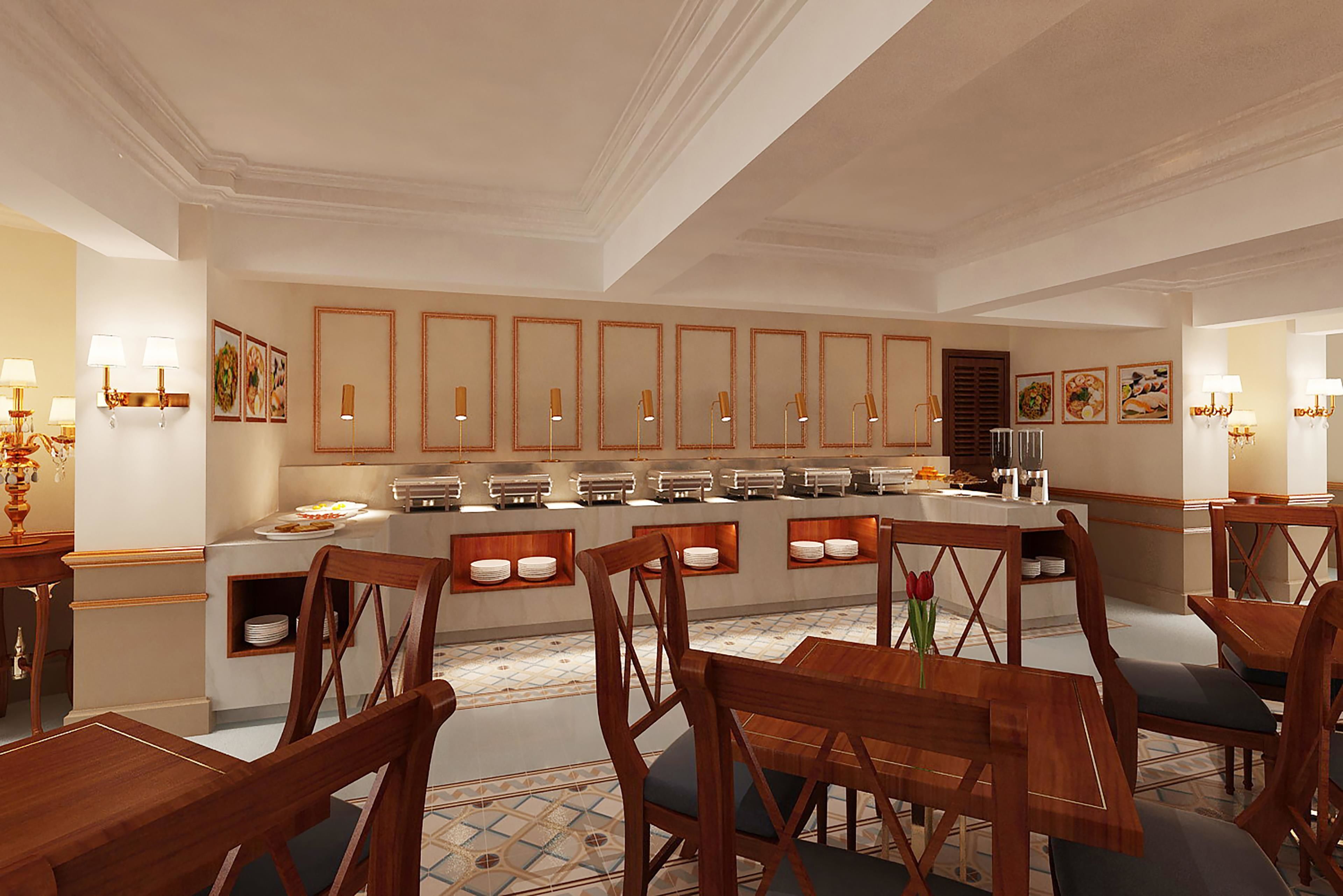 A hotel dining area with wooden tables and chairs, buffet counters, and wall-mounted light fixtures.