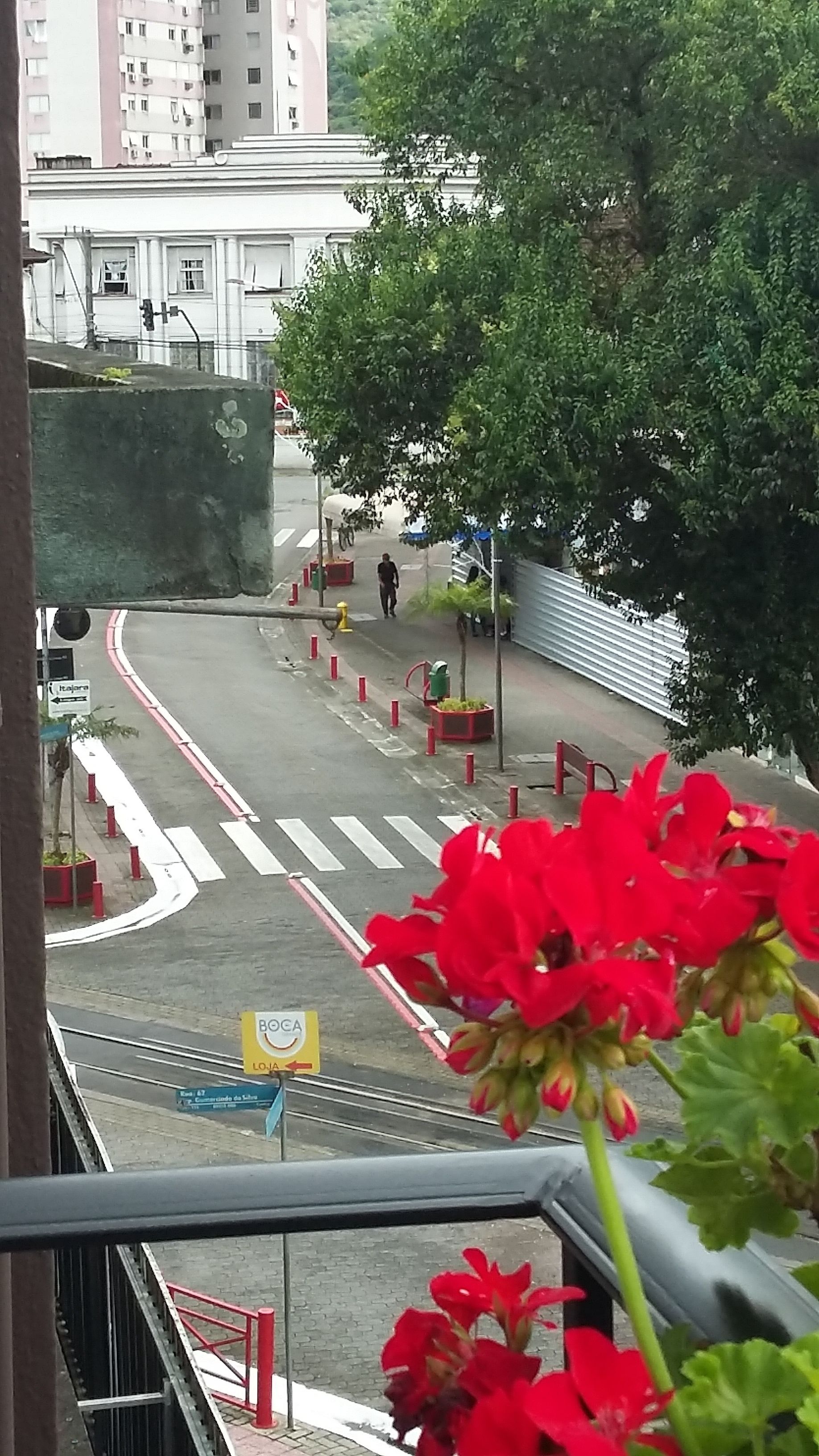 A street view with a pedestrian crossing, traffic bollards, and a sign for 'BOCA LOJA'.