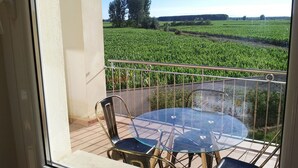 Ein Balkon mit Glastisch und Stühlen mit Blick auf ein grünes Feld.