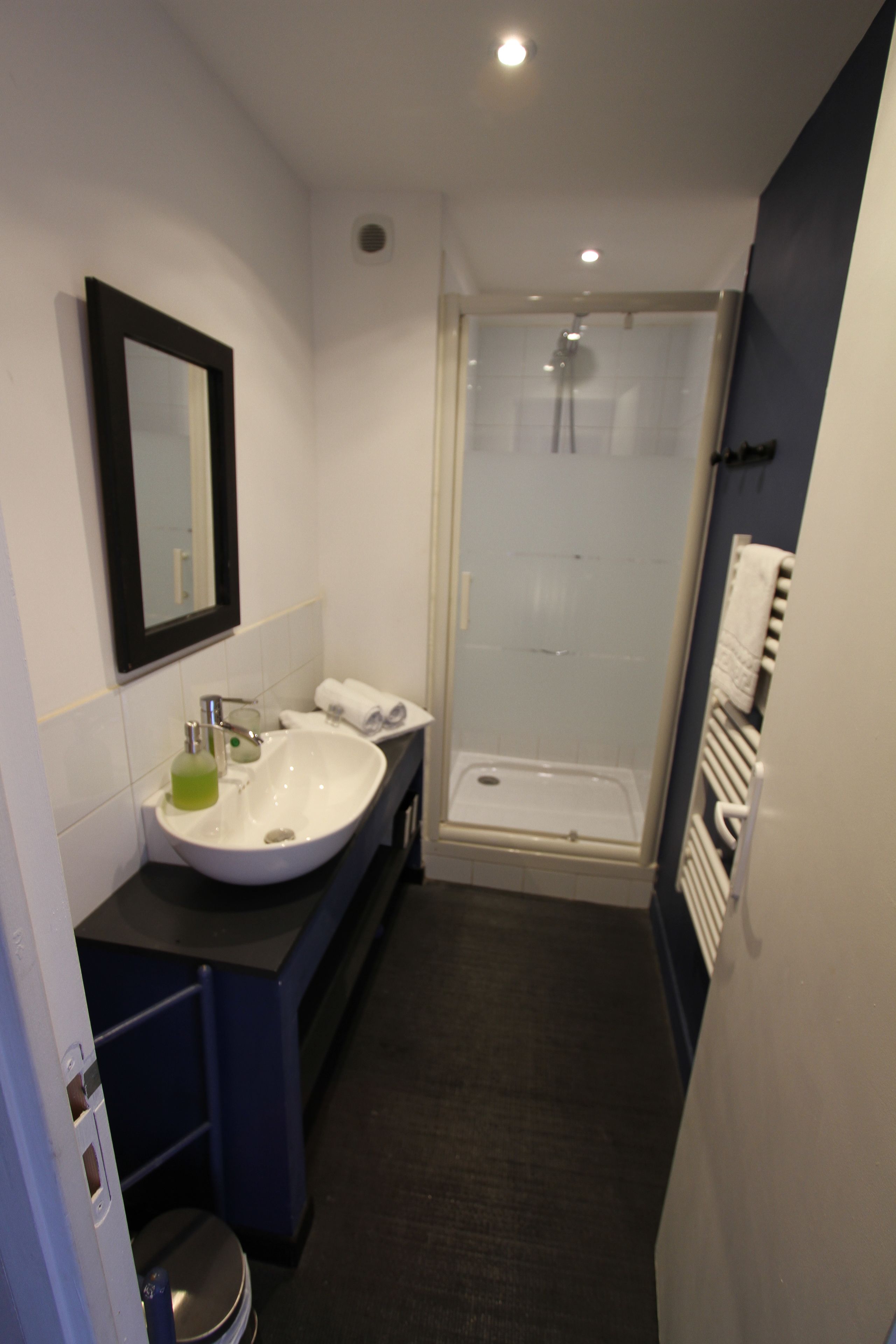 Une salle de bain avec un lavabo blanc, un miroir, une douche et un porte-serviettes.