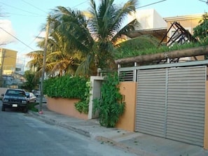 Vista de una calle con una reja metálica cerrada, un automóvil estacionado y un edificio de techos inclinados con vegetación.