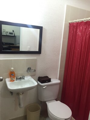 A bathroom with a white sink, a toilet, a red shower curtain, and a mirror above the sink. - Apartamento PlayaDelCarmen 633 by Sinbad (Playa del Carmen)