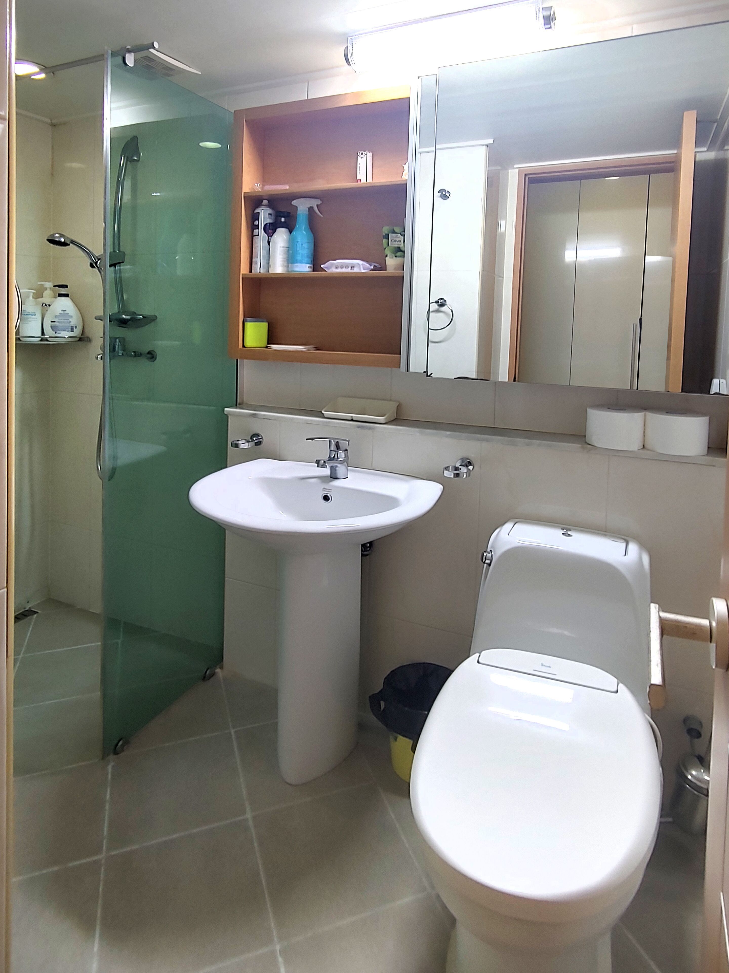 A bathroom with a glass shower enclosure, a pedestal sink, a toilet, and a mirror above the sink.