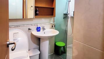 Studio | Bathroom | Shower, hair dryer, slippers, toilet paper