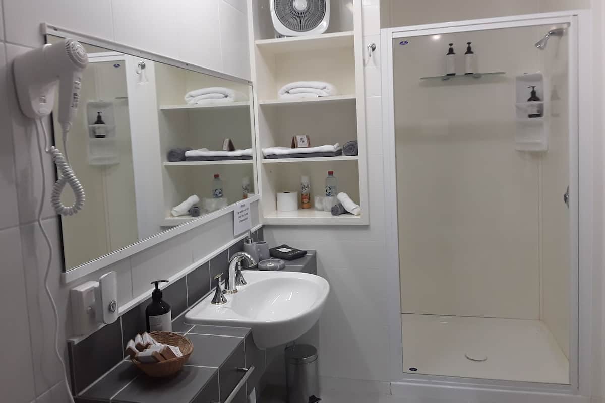 Een douche, een regendouche, gratis toiletartikelen, een haardroger