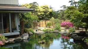 Un bassin à carpes koï, entouré de rochers et de plantes, avec une terrasse en bois et une zone abritée sur la gauche.