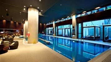 Indoor pool, open 9:00 AM to 7:00 PM, free pool cabanas, pool loungers