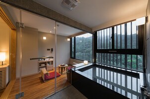 Bañera con aguas termales, cabezal de ducha tipo lluvia, secador de pelo