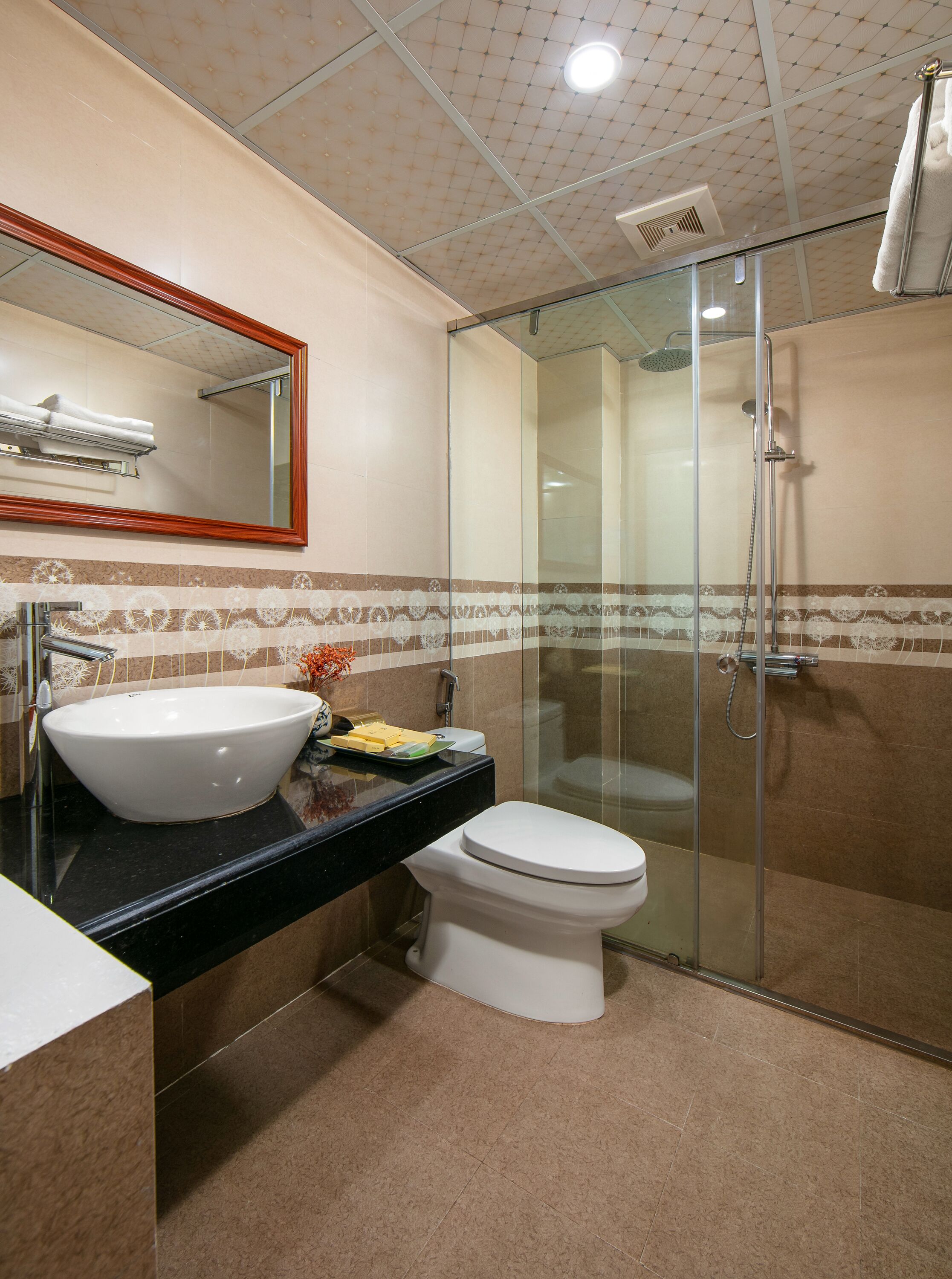 A modern bathroom with a large white sink, a toilet, and a glass-enclosed shower.