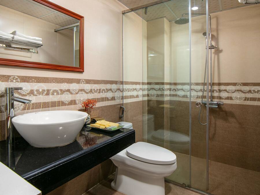 A modern bathroom with a large white sink, a toilet, and a glass-enclosed shower.