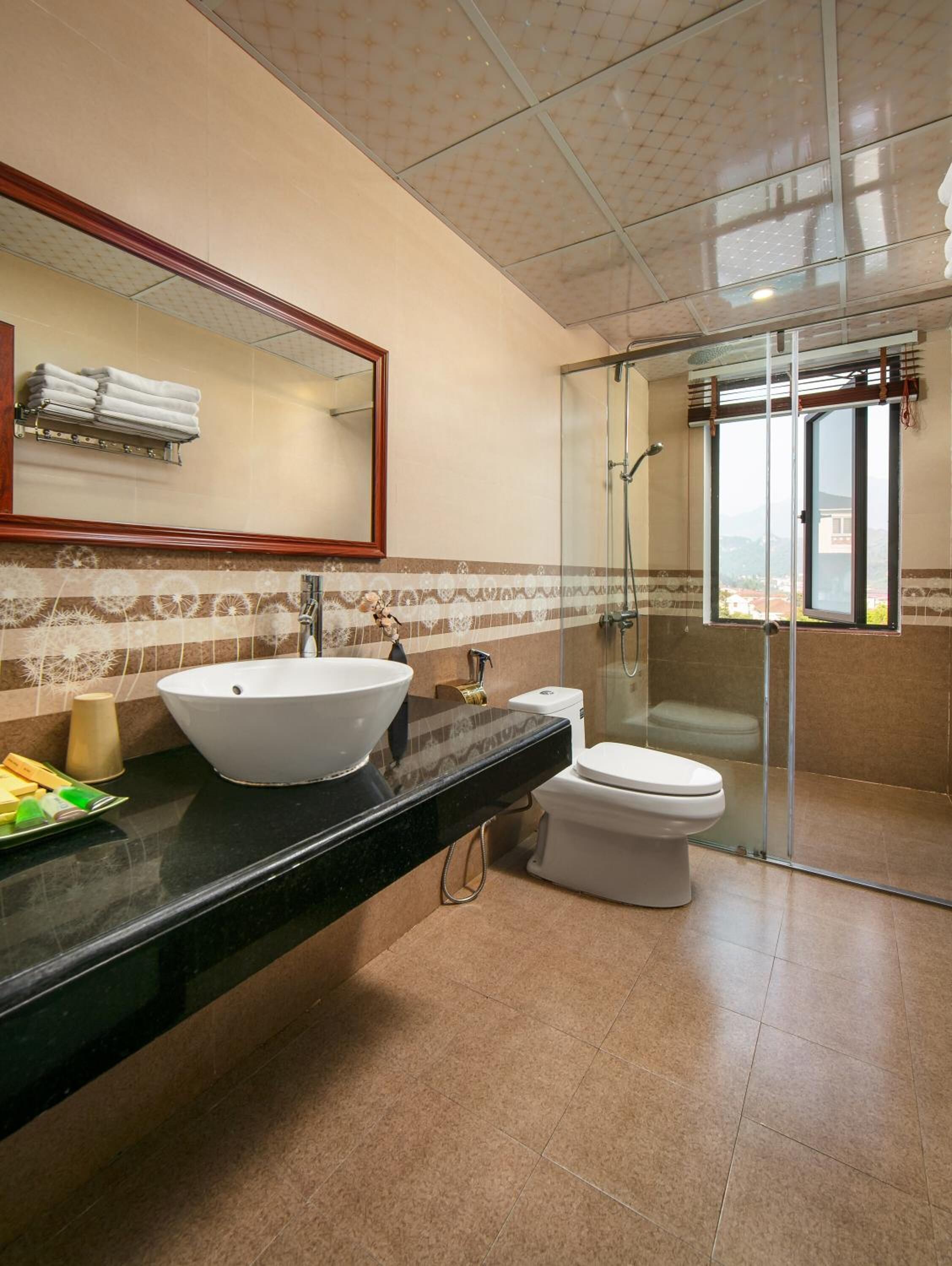 A bathroom with a large white sink, a toilet, and a glass shower enclosure.