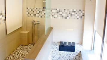 Separate tub and shower, free toiletries, hair dryer, slippers