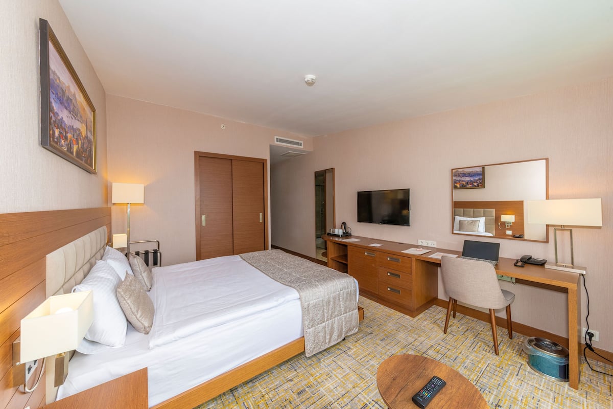 Habitación de hotel con cama, escritorio, silla, televisión y una mesita con control remoto.