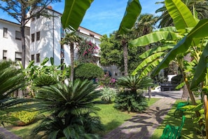 A courtyard with a paved walkway, lush greenery, and a building with multiple windows and balconies.