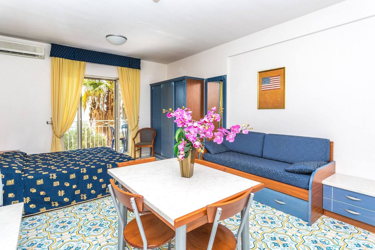 Une pièce comprenant un canapé, une table avec des chaises, un vase de fleurs et un drapeau accroché au mur.
