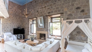Villa Deluxe, 4 habitaciones, vistas al mar, mirando al mar | Sala de estar | Una televisión de pantalla plana, una chimenea