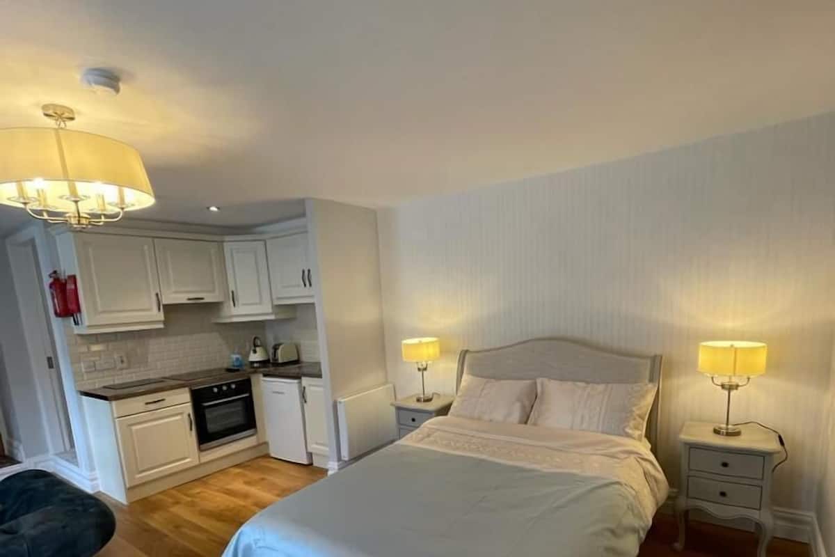 Een slaapkamer met een groot bed, nachtkastjes met lampen, een kitchenette en een stoel.