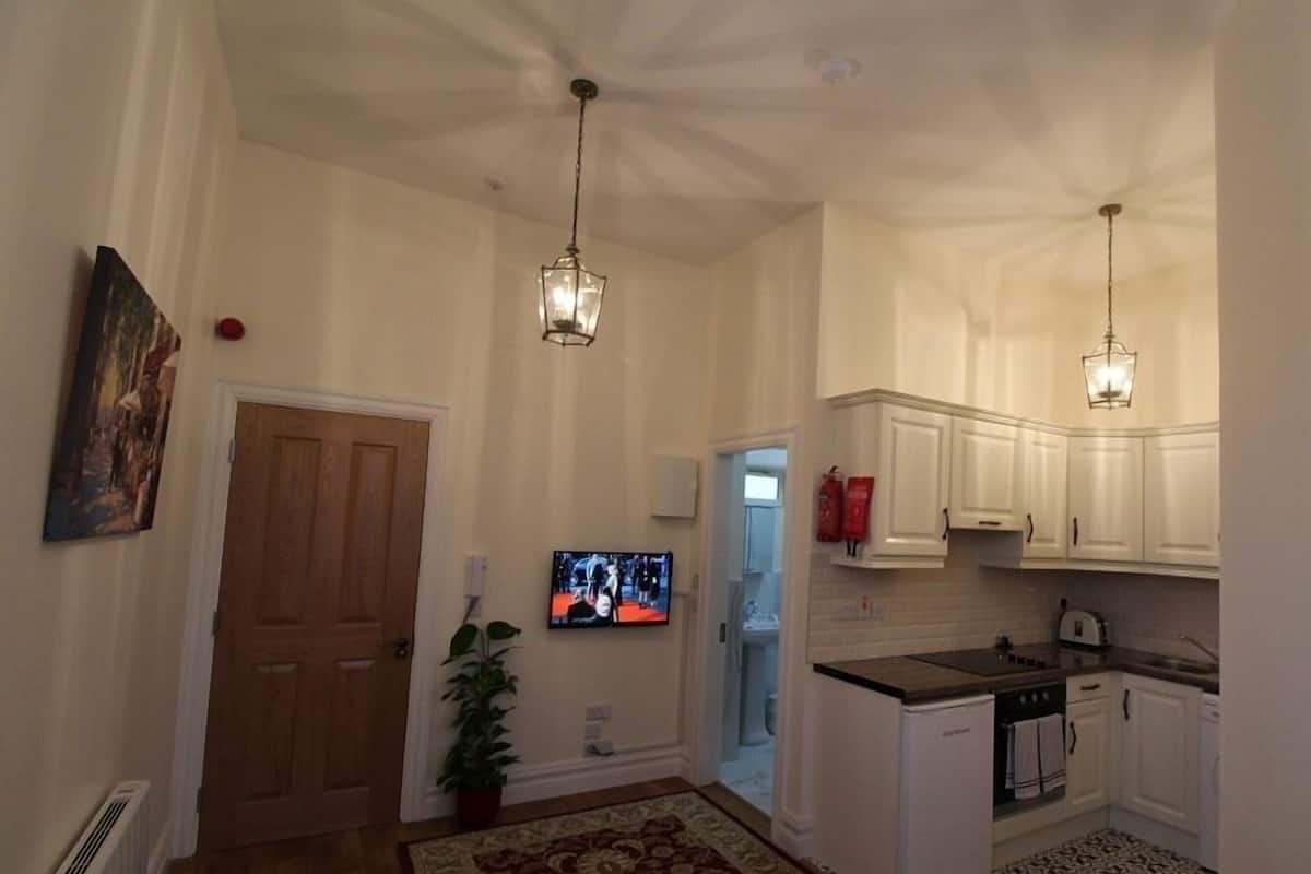Een functionele woonruimte met keuken, eethoek en gang. Een televisie is aan de muur bevestigd, er staat een potplant en een rode brandblusser.