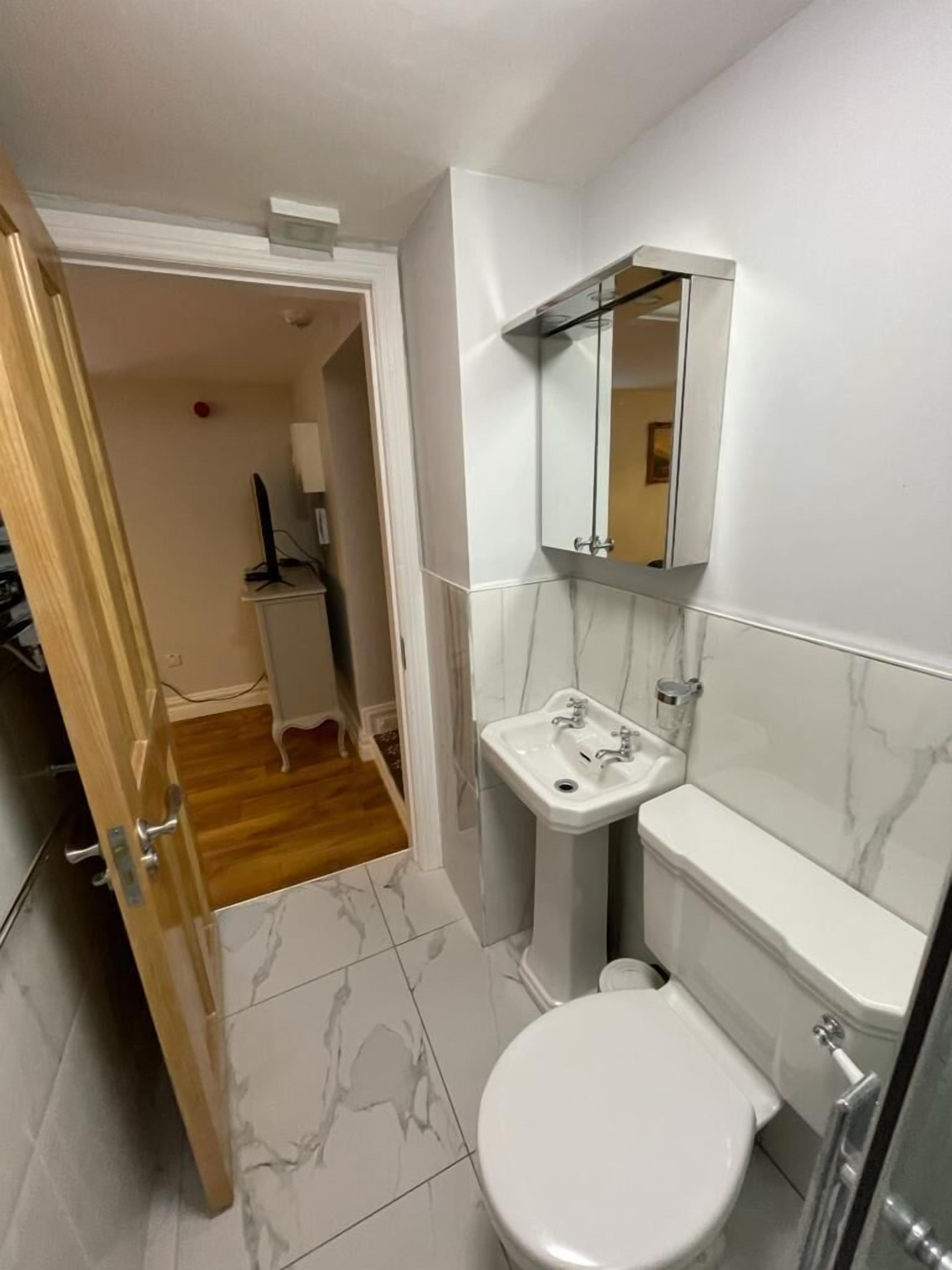 A compact bathroom with a white toilet, a pedestal sink, and a mirror above the sink.