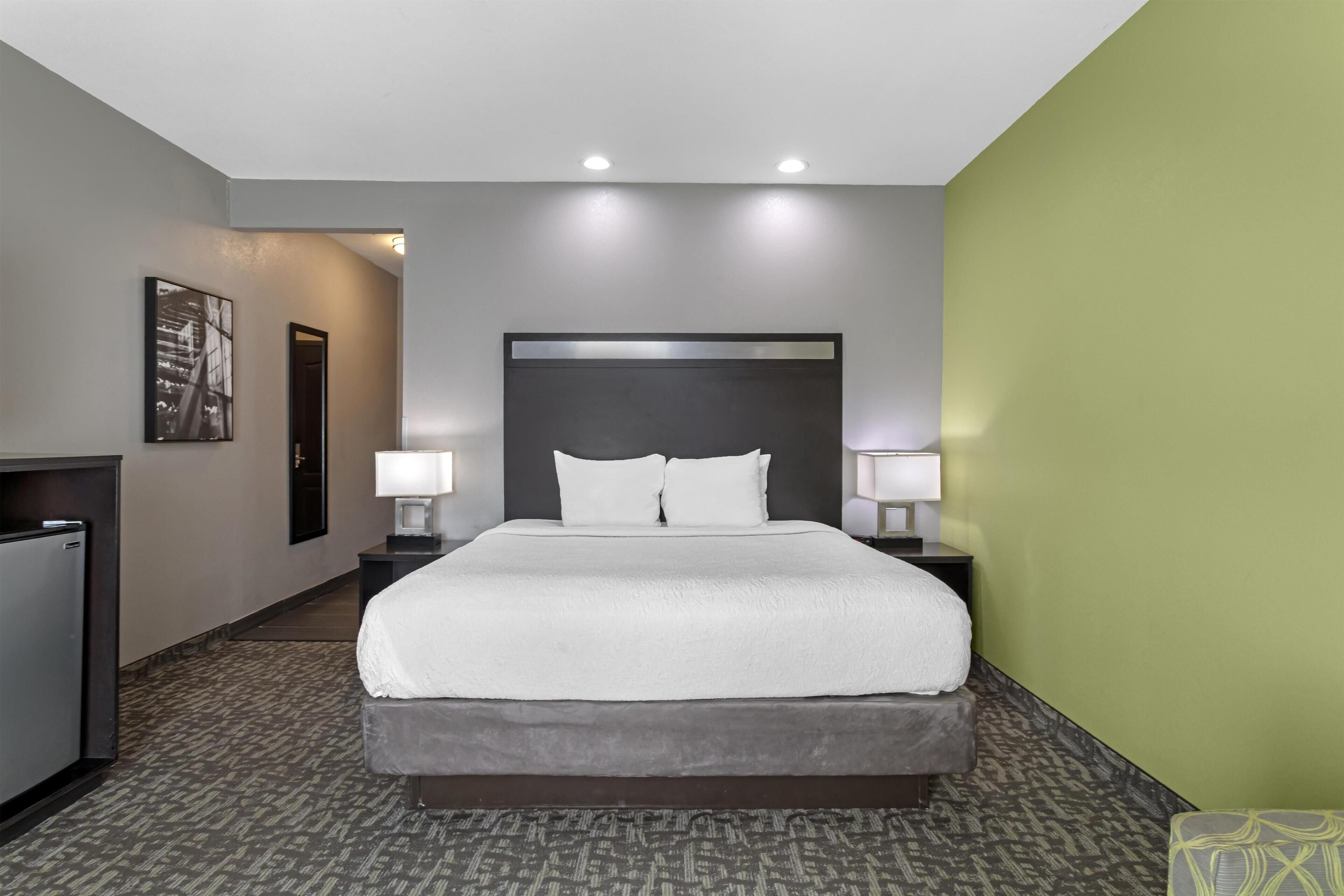 Una habitación de hotel con una cama grande, dos mesitas de noche con lámparas, un refrigerador pequeño y un cuadro en la pared.