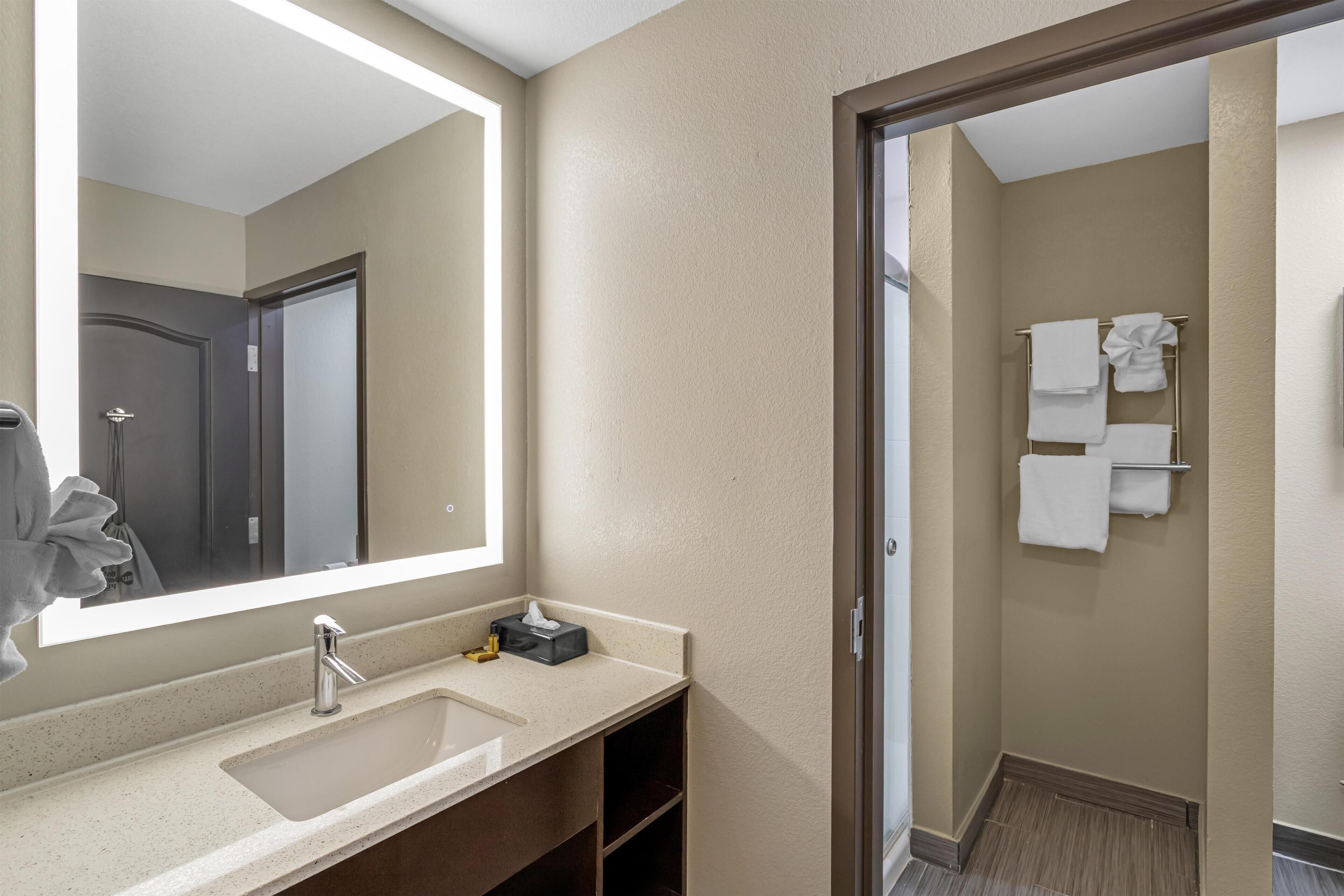 A hotel bathroom with a sink, mirror, towel rack, and a door leading to another room.