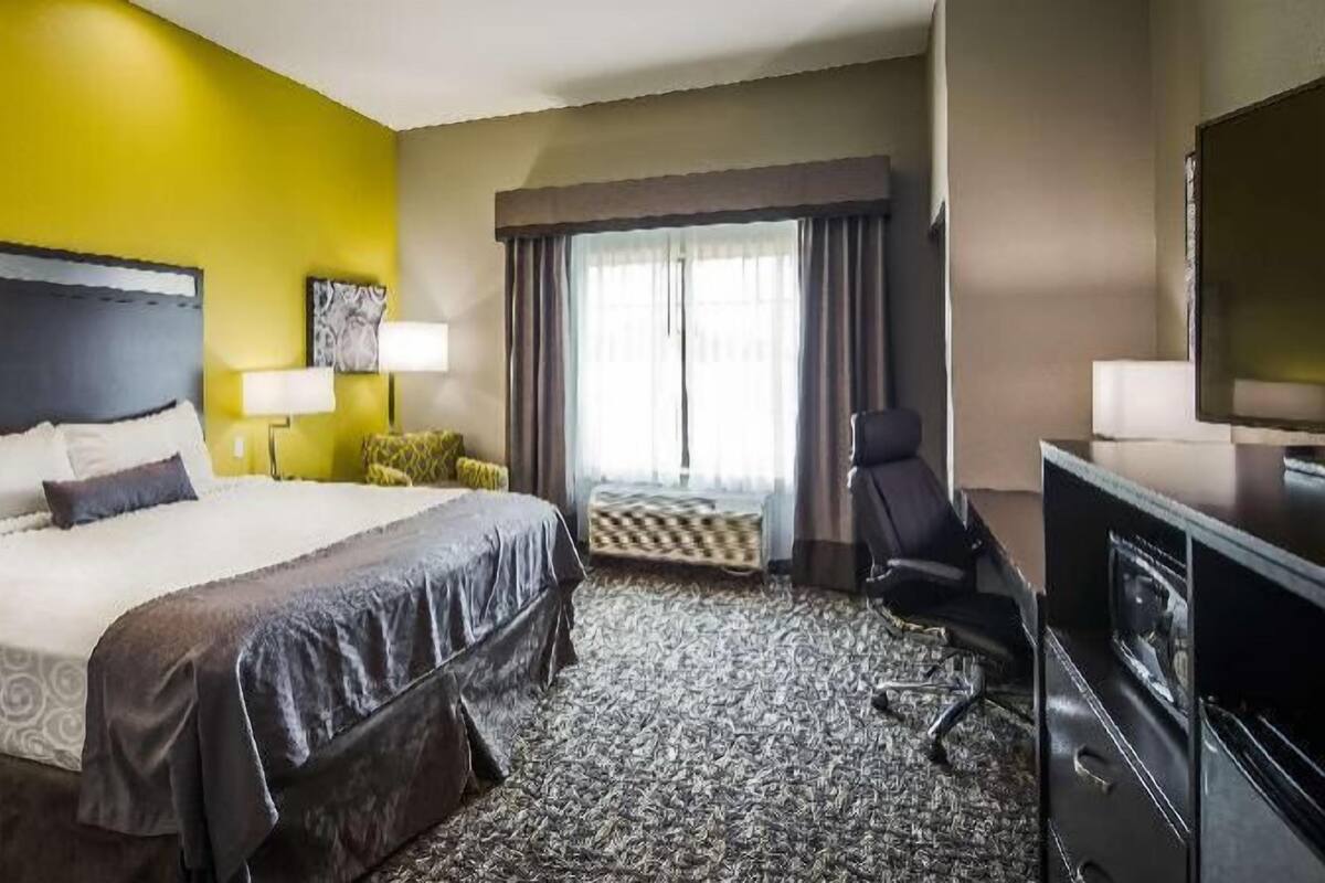 A hotel room with a large bed, a desk, a chair, a TV, and a window with curtains.