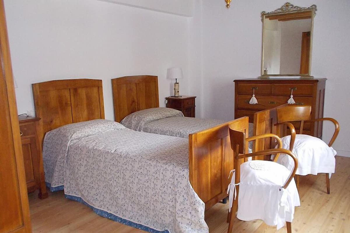 A bedroom with two wooden beds, a wooden dresser, a chair, and a mirror.