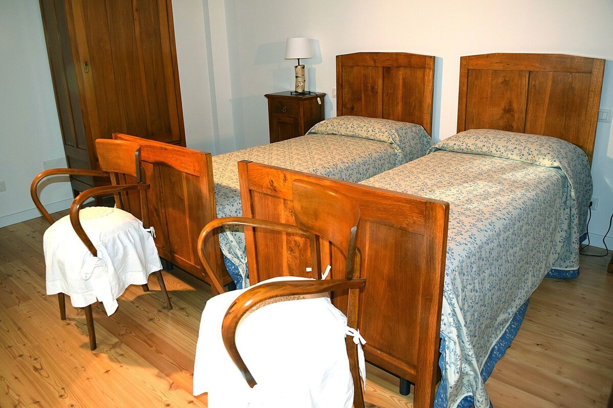 A bedroom with two wooden beds, a nightstand, a lamp, and two chairs.