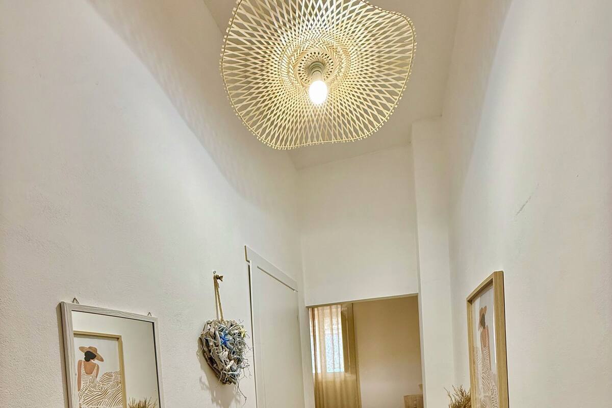 Un couloir avec un plancher en bois, une porte blanche, un miroir et un luminaire au plafond.