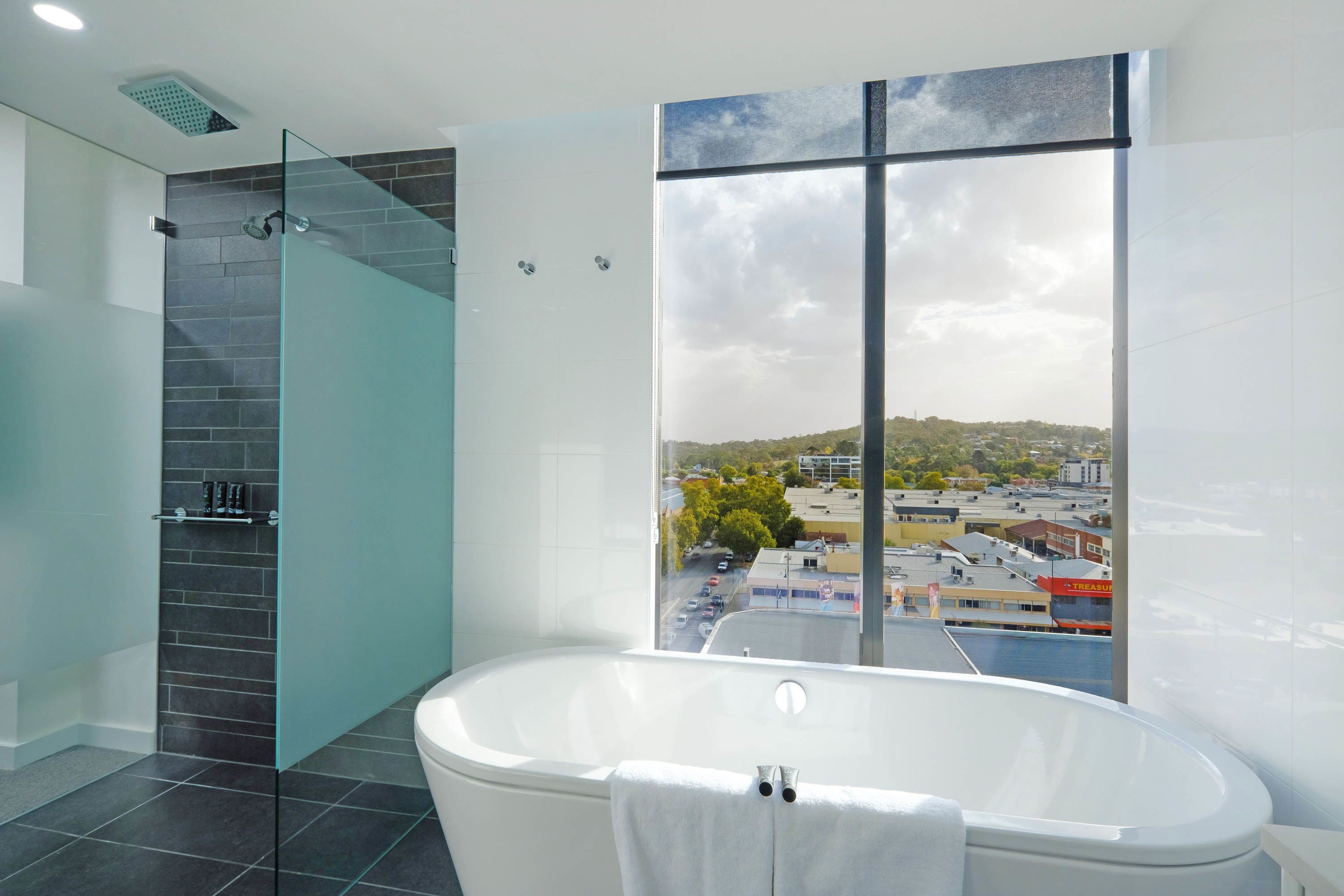 Shower, eco-friendly toiletries, hair dryer, towels