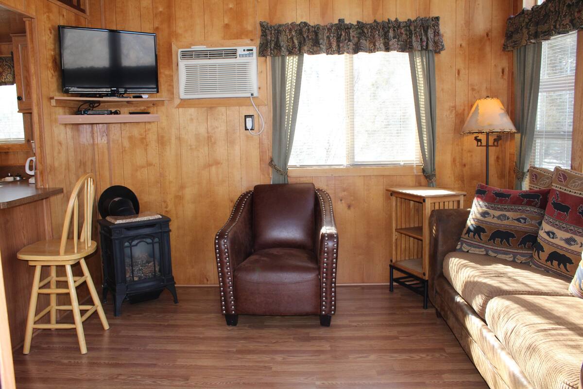Deluxe Cabin, Multiple Beds, Fireplace, Mountain View | Living area | Flat-screen TV